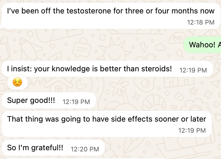 Carlos, REBUILT client — WhatsApp testimonial