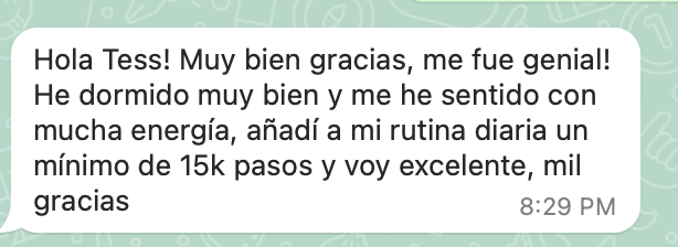 Client message in Spanish about sleep and energy.
