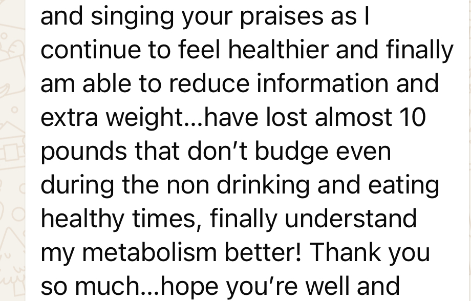 Client message about metabolism, weight loss, and reduced inflammation.